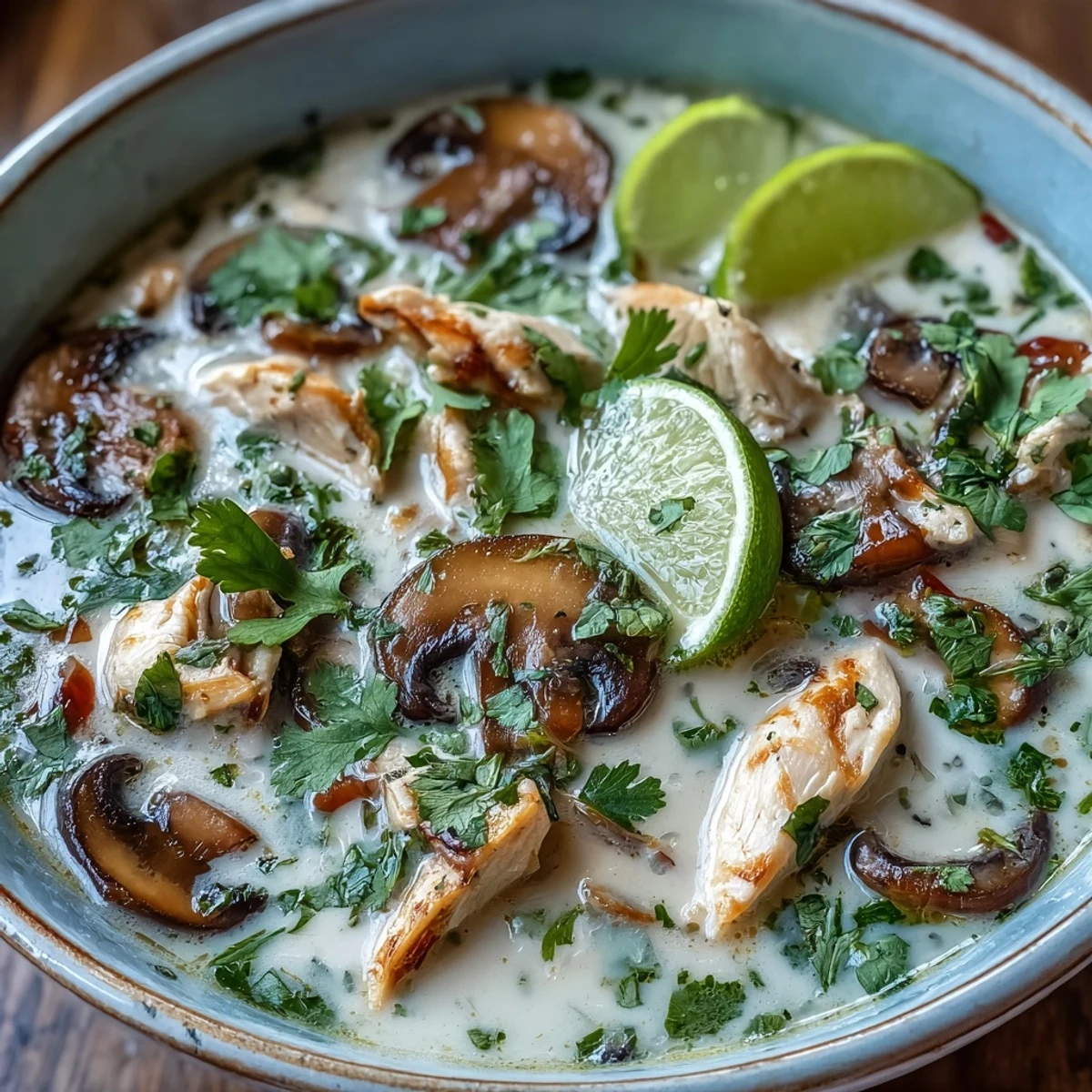 Creamy Tom Kha Soup with tender chicken and mushrooms, garnished with cilantro and lime wedges.
