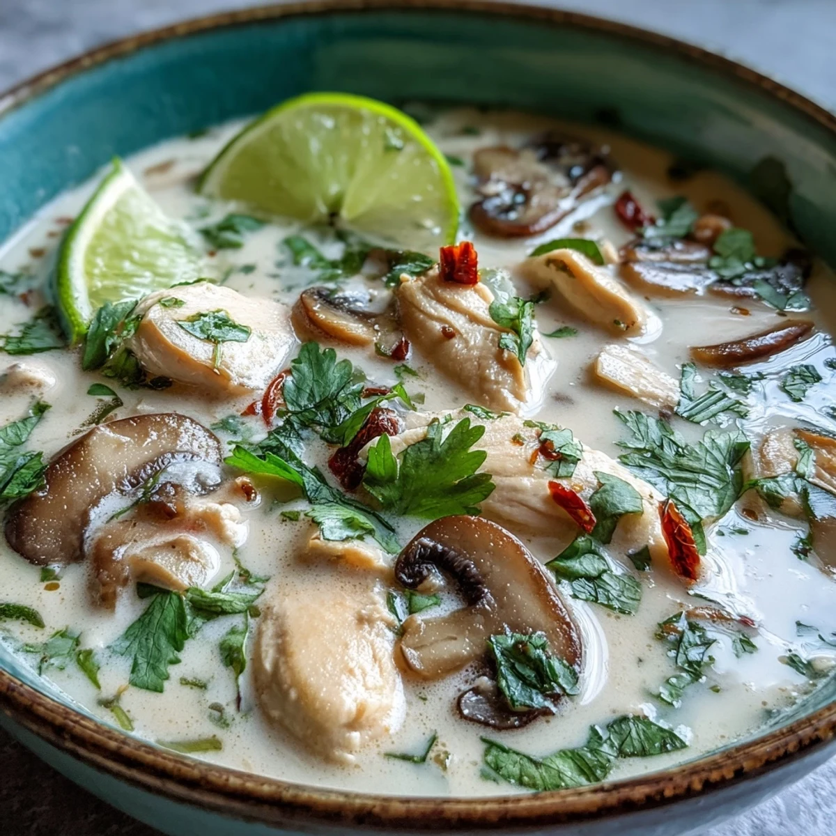 A steaming bowl of Tom Kha Soup featuring lemongrass aromatics and coconut milk, served with jasmine rice.