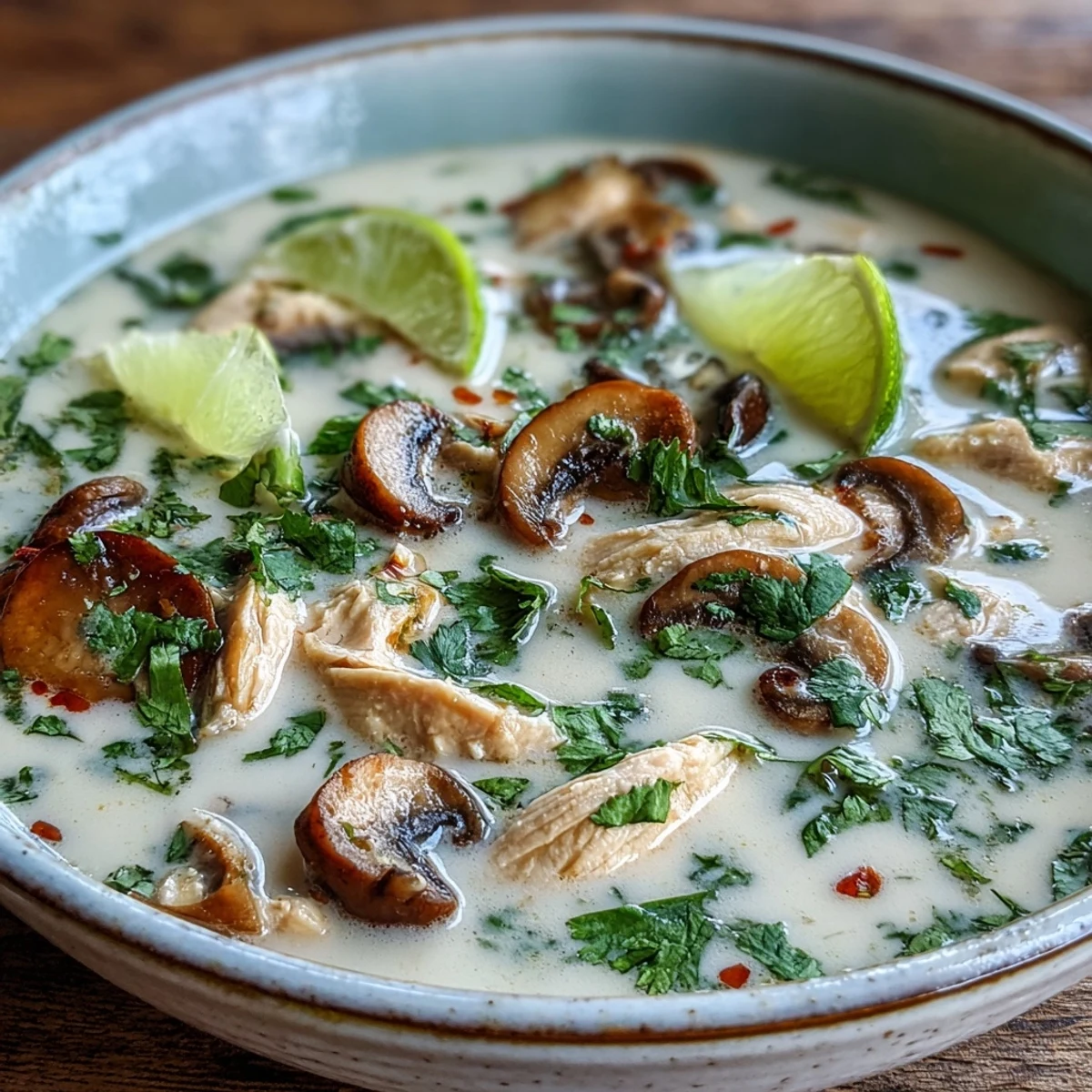 Vibrant Tom Kha Soup topped with fresh herbs and lime wedges on a rustic wooden table.