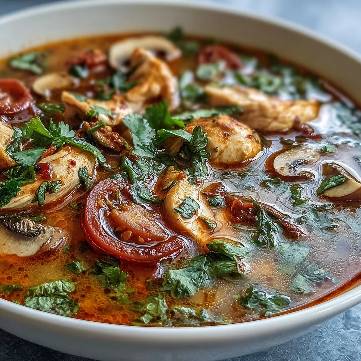 Tom Yum Gai soup featuring vibrant red tomatoes, sliced mushrooms, and fresh herbs in a spicy-sour broth.
