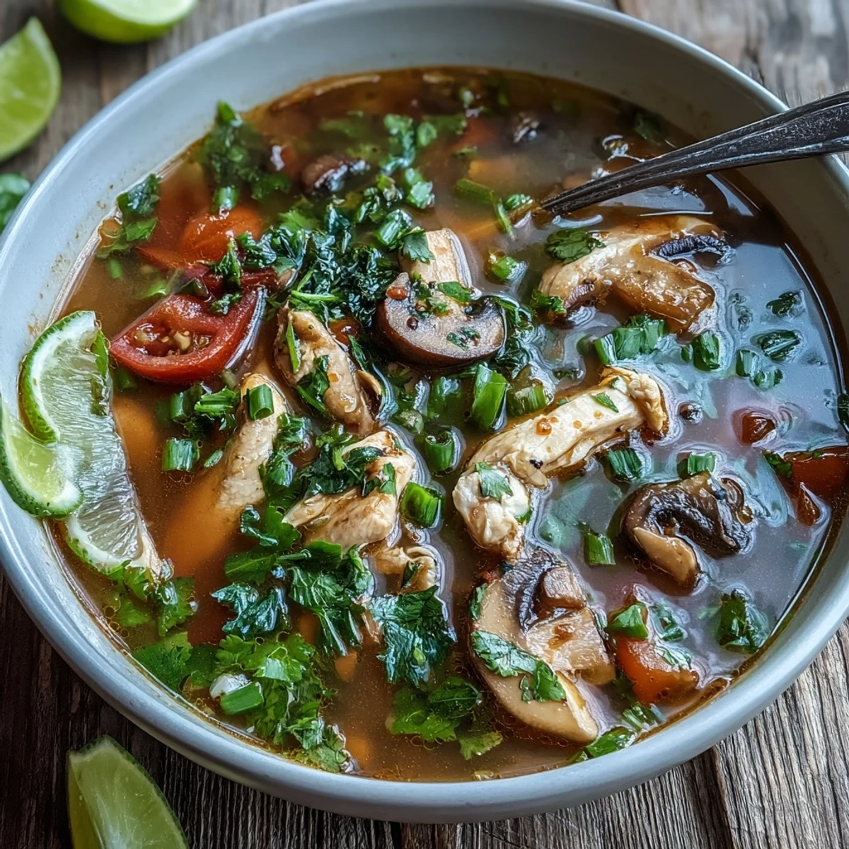 Overhead view of a finished pot of Tom Yum Chicken, showcasing the colorful vegetables and herbs floating in the fragrant, golden broth ready to be served.
