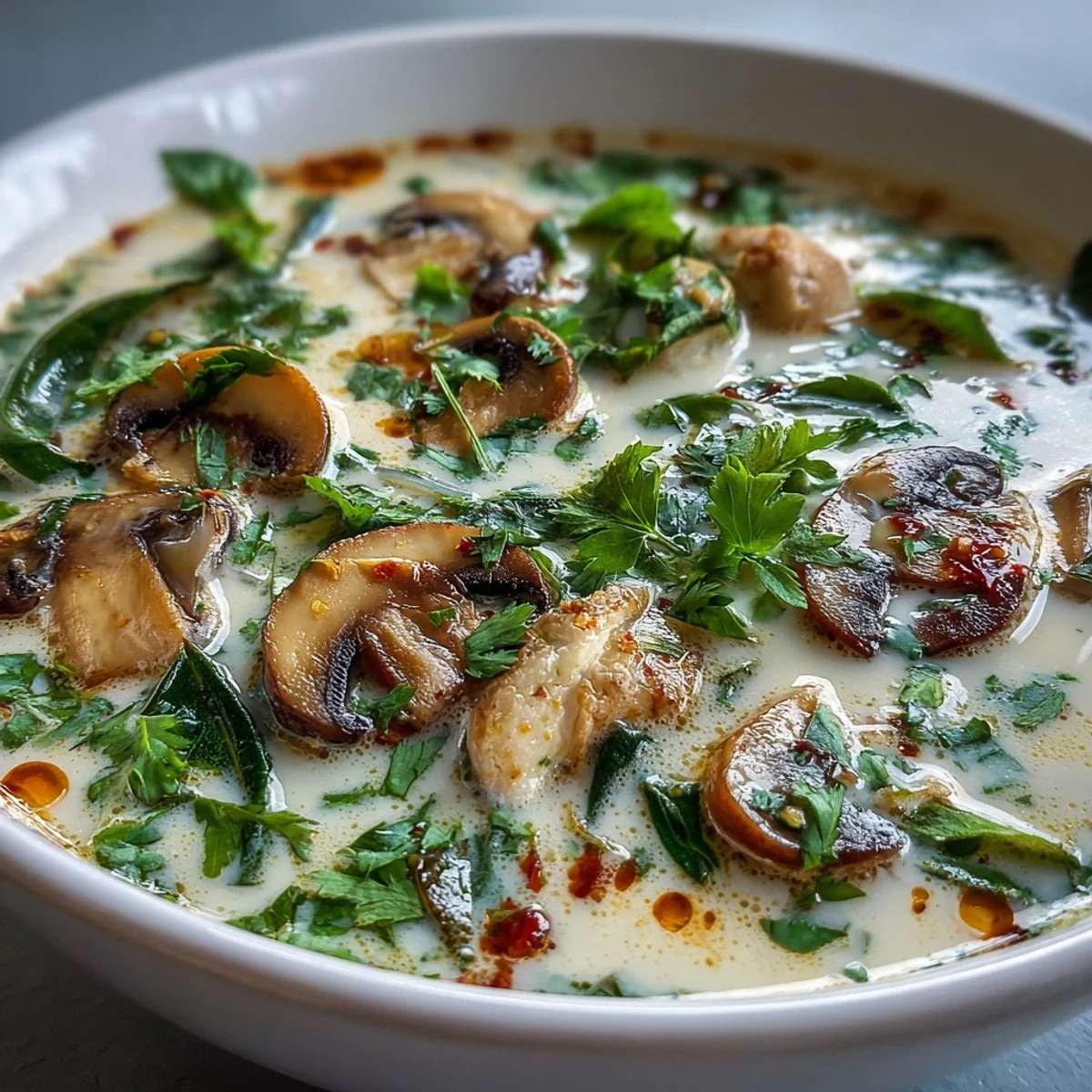 Authentic Tom Kha Gai served hot with lime wedges, fresh herbs, and a spoon ready to enjoy.