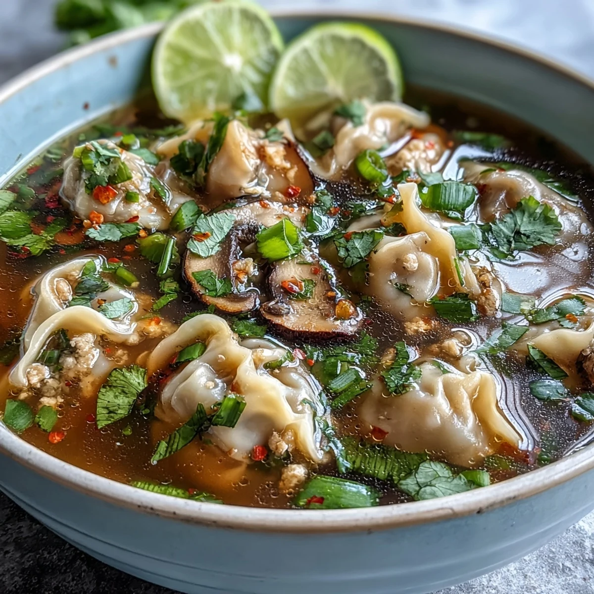 A close-up of Tom Yum Wonton Soup showing tender pork dumplings, mushrooms, and bok choy in a clear red broth.