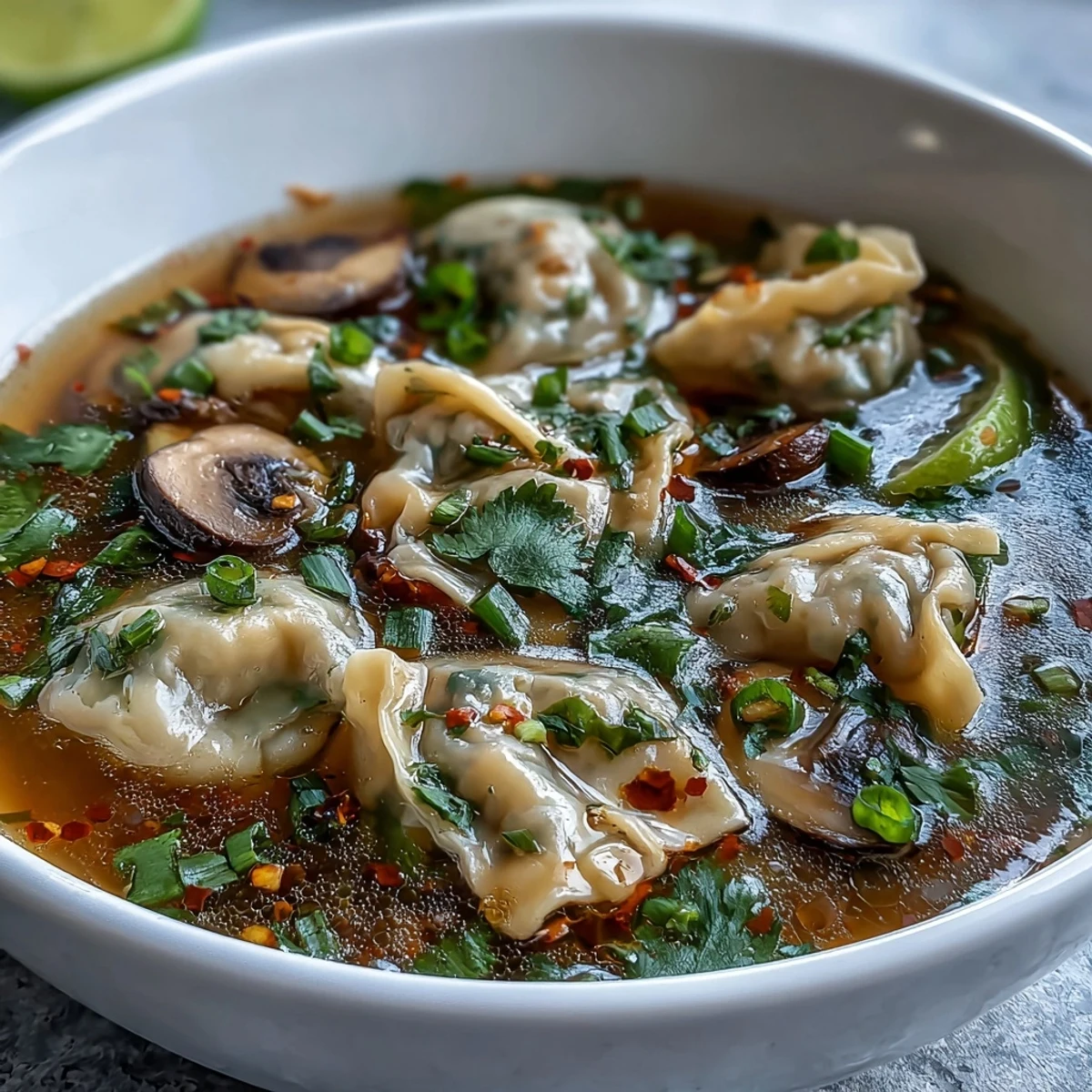 Spicy Tom Yum Wonton Soup in a white bowl with wontons, tomatoes, and lime wedges, ready to enjoy.