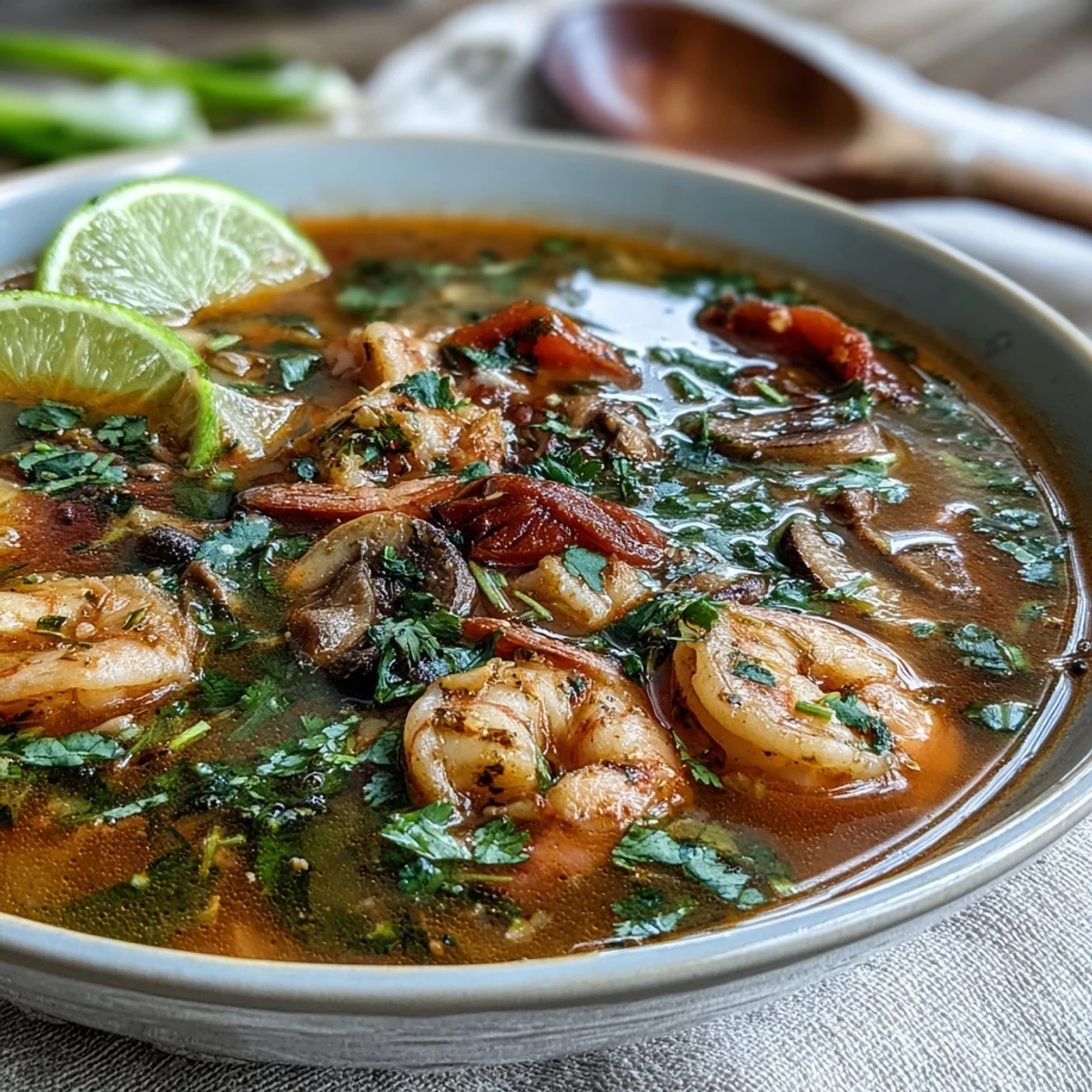 Bright orange, spicy Tom Yum Soup with shrimp, mushrooms, and fresh cilantro in a rustic bowl.