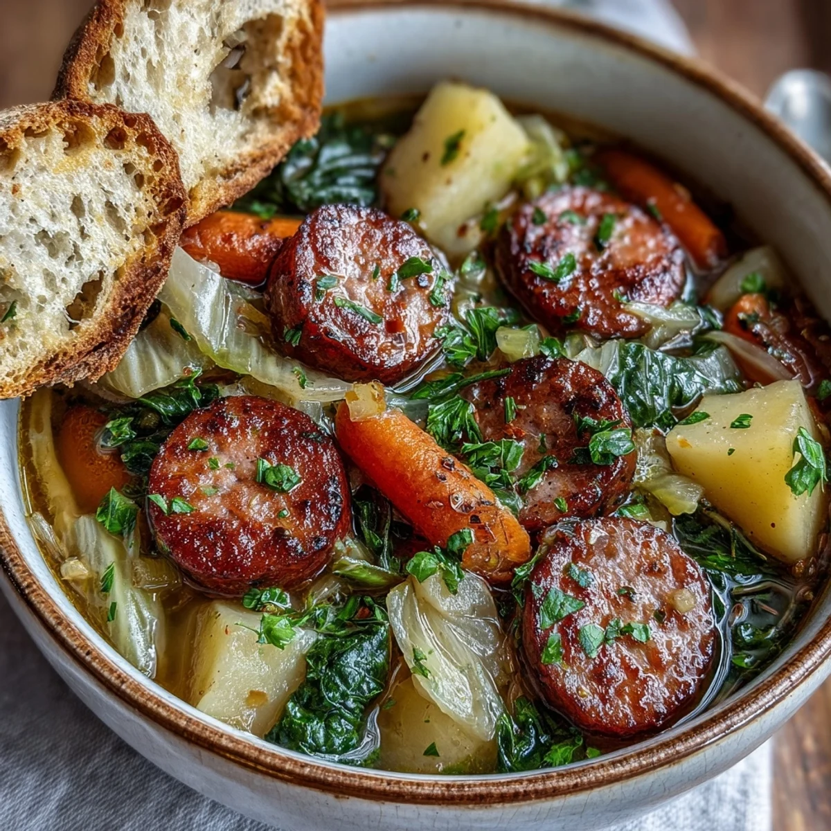 Golden brown sausage slices, creamy potato chunks, and vibrant green cabbage simmer in a rich, aromatic broth in this hearty soup.
