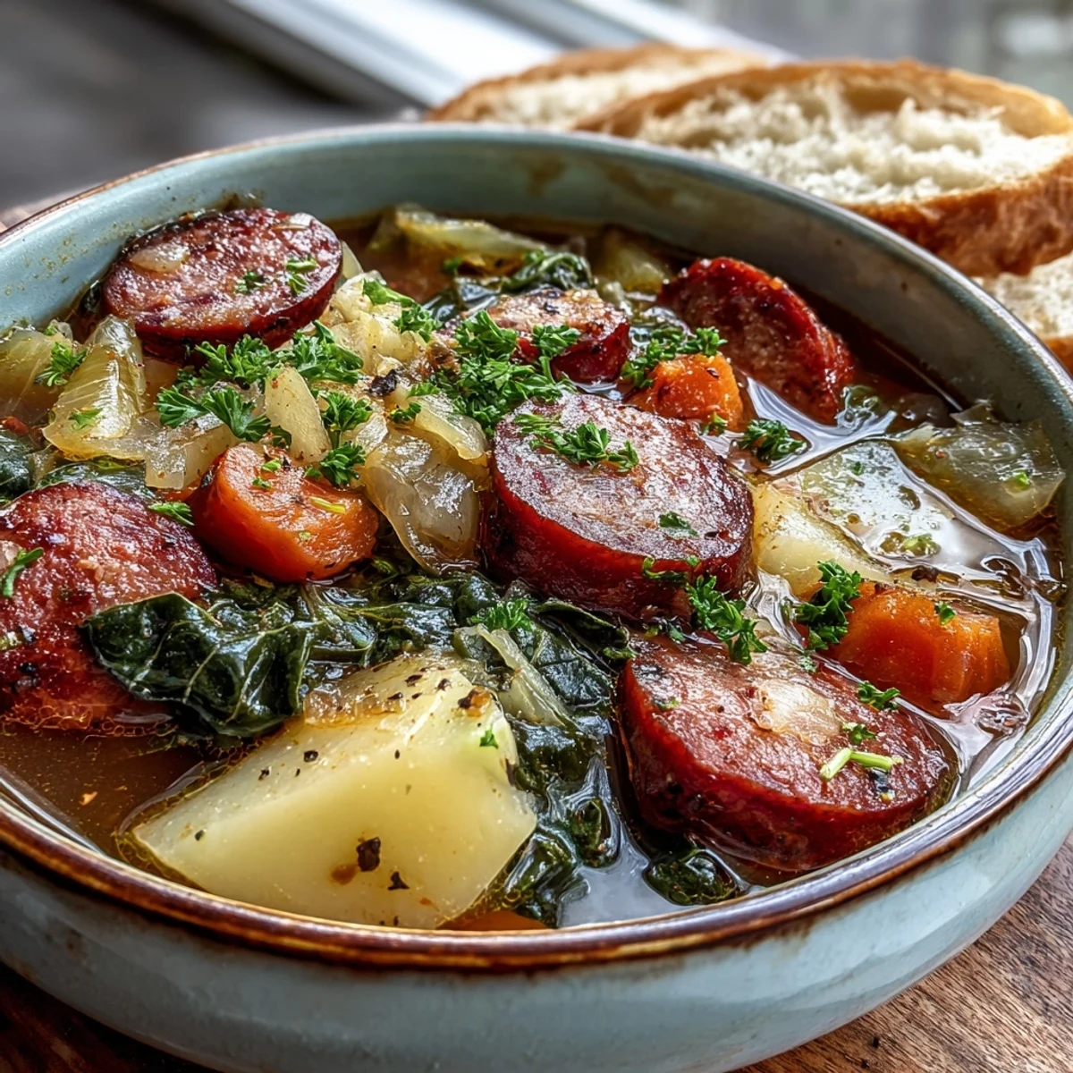 A close-up view of a steaming bowl of Sausage, Potato and Cabbage Soup garnished with fresh parsley.