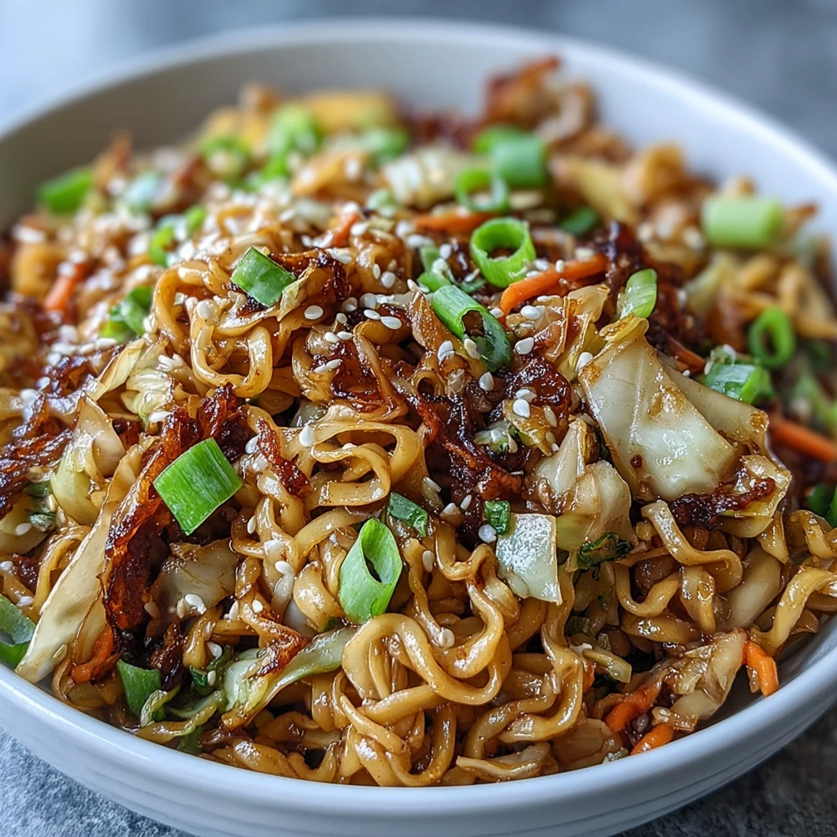 A close-up of Fried Cabbage Ramen in a white bowl, showcasing sautéed green cabbage, carrots, and chewy noodles tossed in a glossy, savory sauce with scallions on top.  