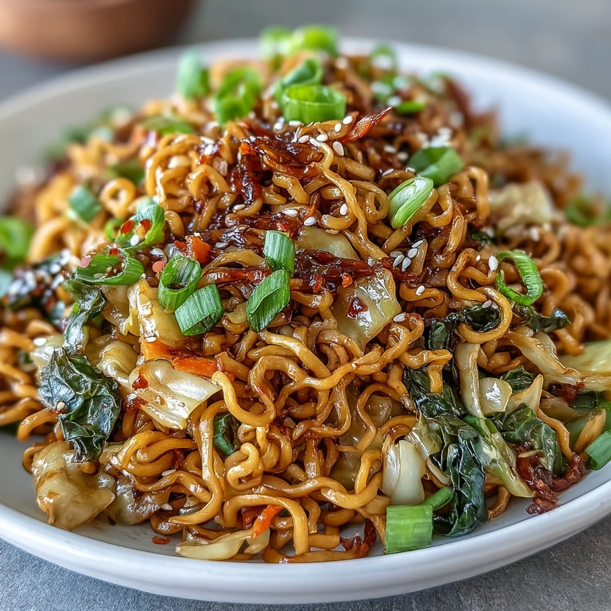 Vibrant overhead shot of Fried Cabbage Ramen, highlighting the colorful mix of tender cabbage, bright carrots, and noodles coated in a savory Asian-inspired sauce.