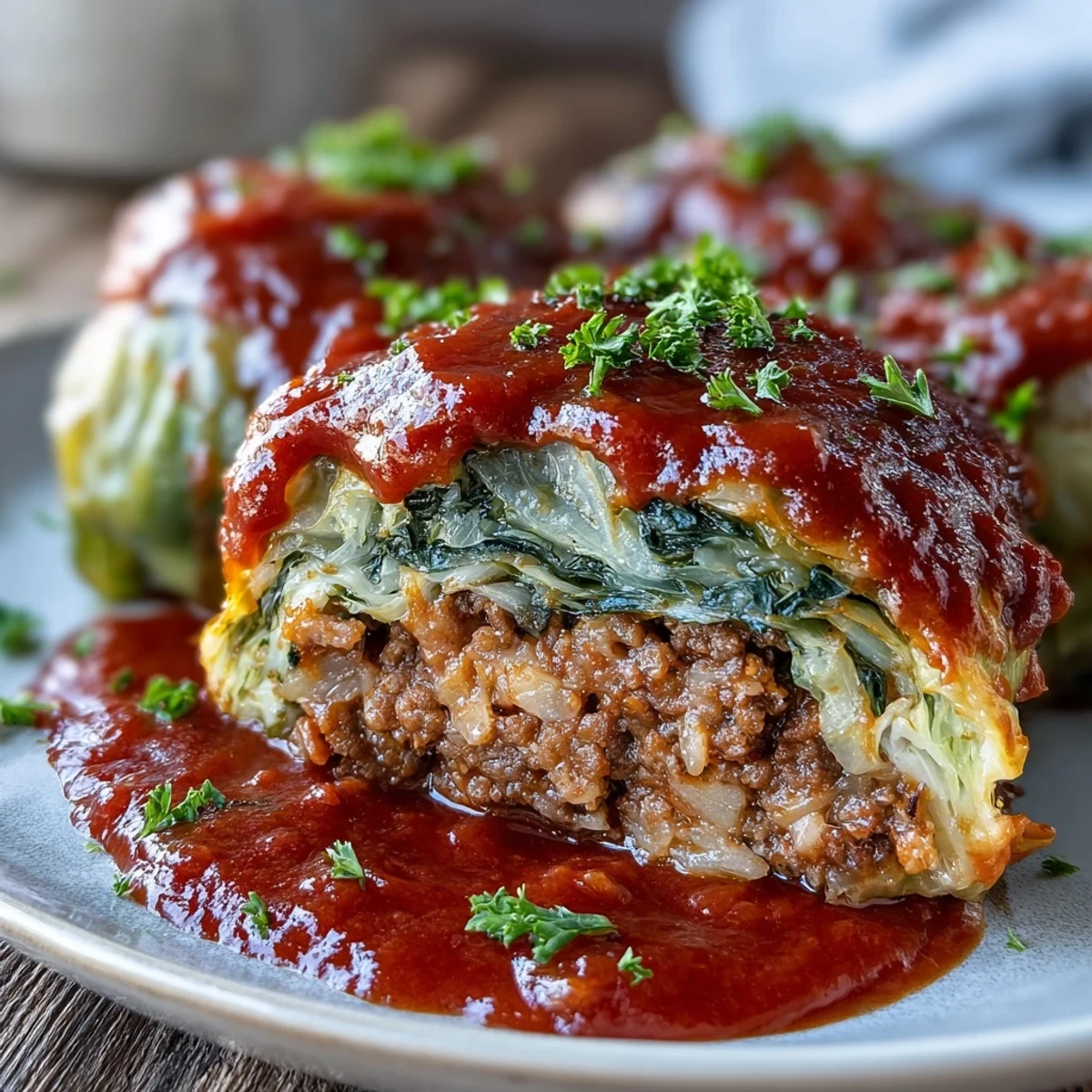 Freshly baked Cabbage Rolls with golden edges, simmered in a rich tomato sauce and garnished with parsley.