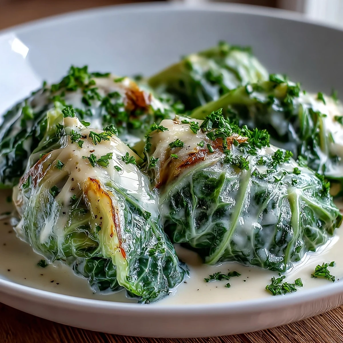 Tender cabbage wedges simmered in creamy parmesan broth, garnished with fresh herbs and extra cheese.