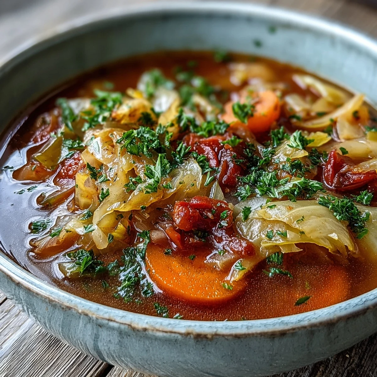 Hearty Classic Cabbage Soup simmering with tender green cabbage, carrots, and celery in a rich tomato broth.  