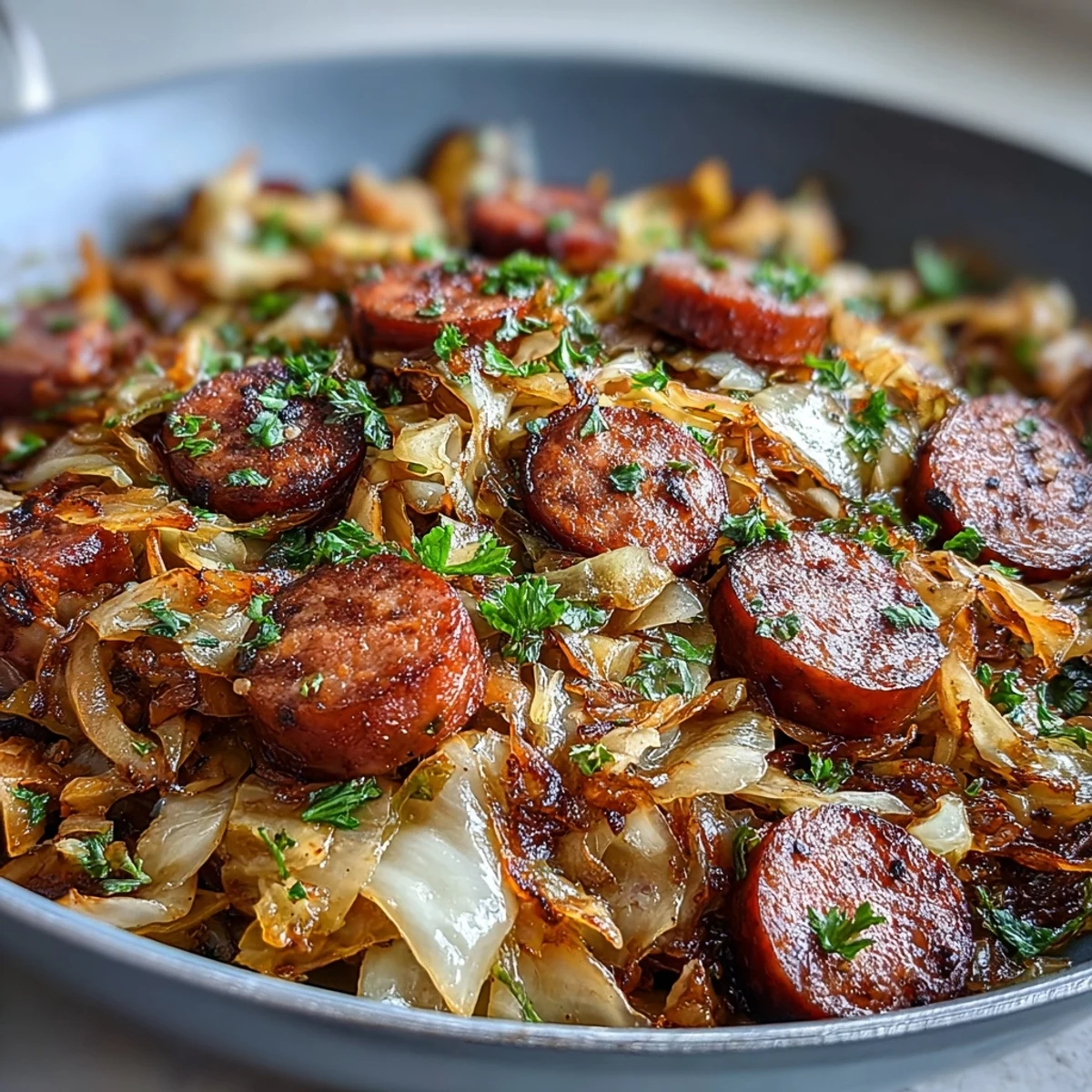 Sizzling smoked sausage and tender cabbage simmer in a cast-iron skillet, garnished with fresh thyme for a Southern-style dinner.