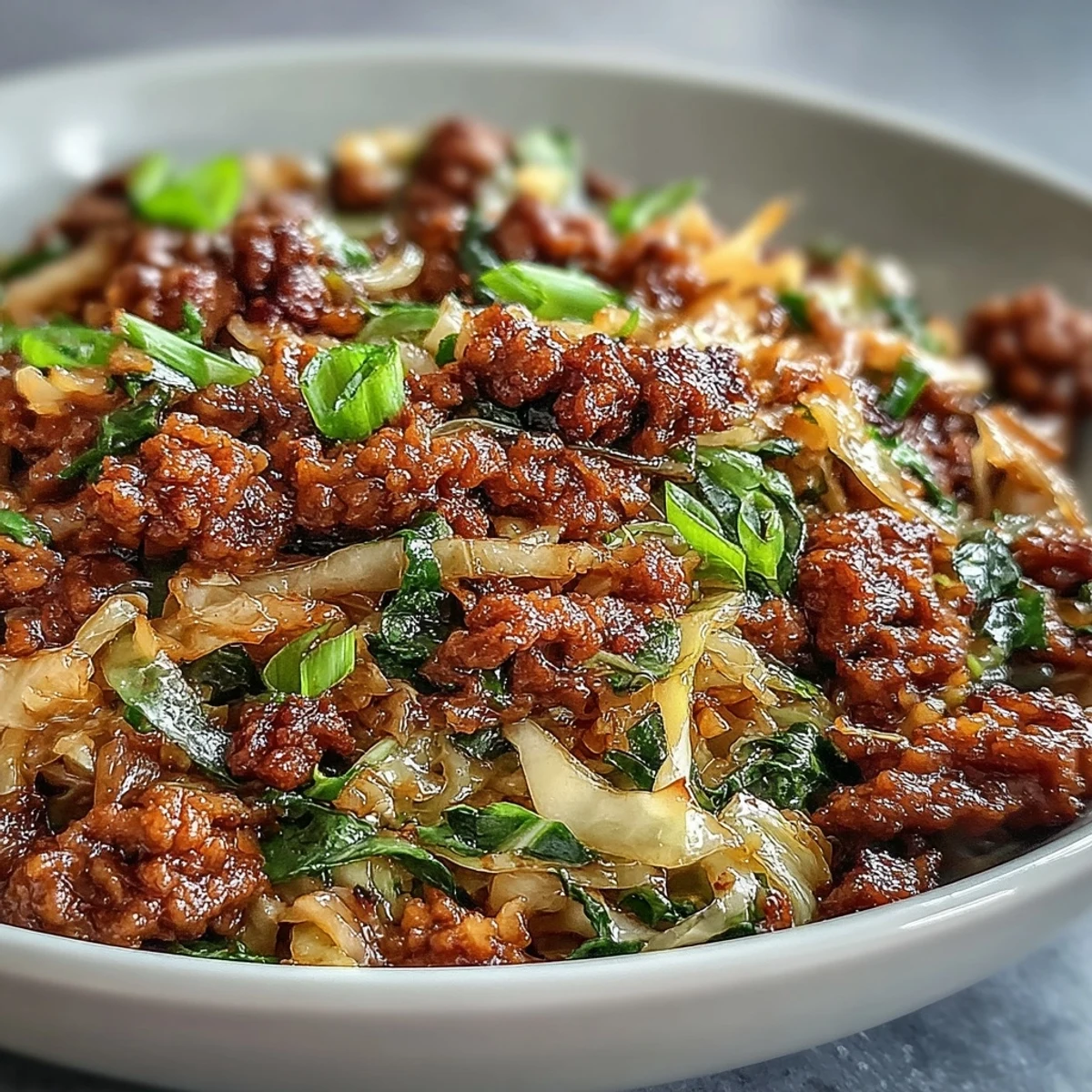 A close-up of Chinese Ground Beef and Cabbage Stir-Fry in a wok, featuring sizzling browned beef nestled among crisp, bright green cabbage ribbons.  