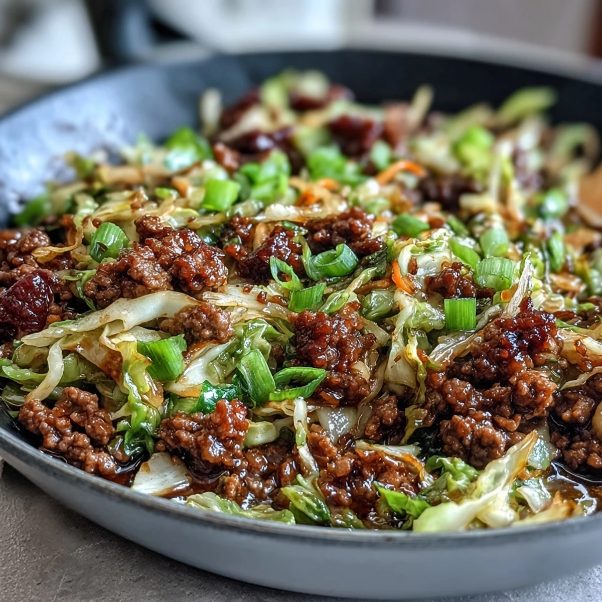 Wok-fried Chinese Ground Beef and Cabbage Stir-Fry shows tender beef crumbles and translucent cabbage coated in a glossy, savory brown sauce.