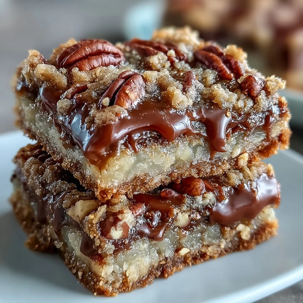 A stack of cut Decadent Sweet and Chewy Turtle Bars shows rich chocolate and caramel.