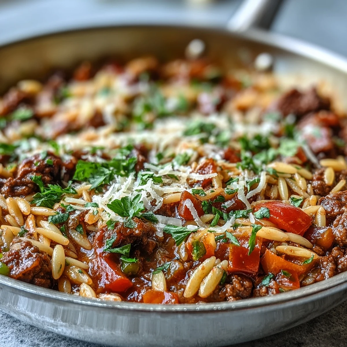 Bubbling Comforting Ground Beef Orzo Dinner with savory beef and sweet bell peppers in a rich tomato broth.