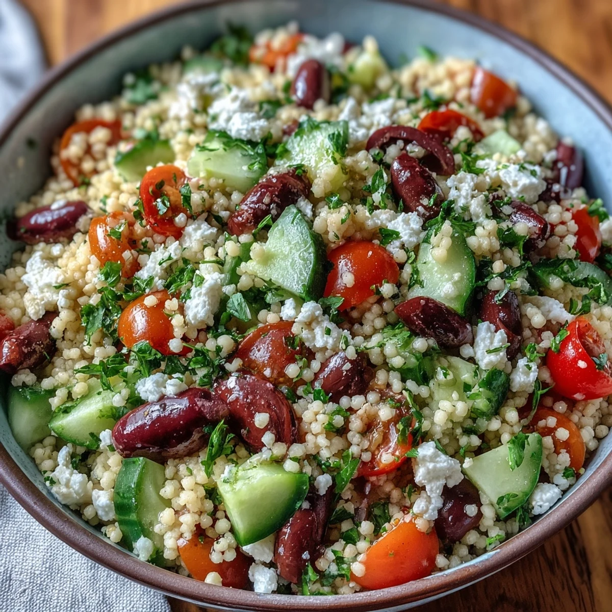 Freshly cooked Mediterranean Pearl Couscous with diced cucumber, bell pepper, and crumbled feta in a ceramic bowl.