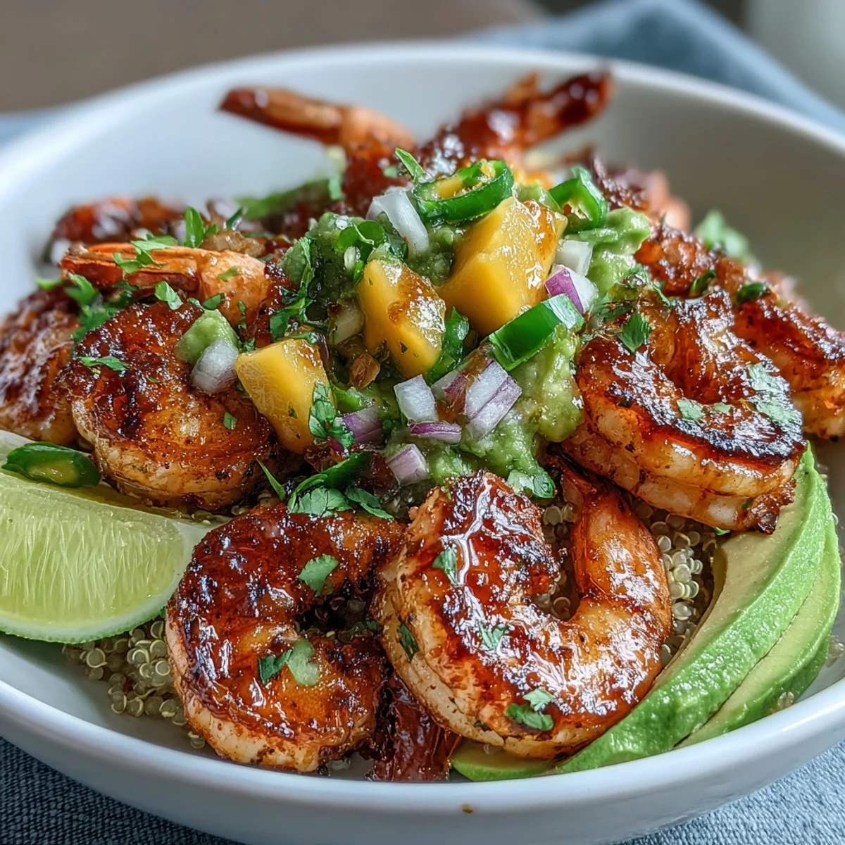 Fresh Shrimp and Creamy Avocado Bowls feature smoky grilled shrimp, fluffy quinoa, and vibrant mango salsa, all drizzled with lime chili sauce.