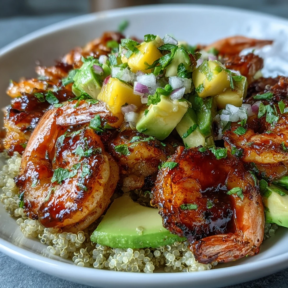 A close-up view of Fresh Shrimp and Creamy Avocado Bowls highlights juicy shrimp, ripe avocado slices, and colorful mango salsa topping.