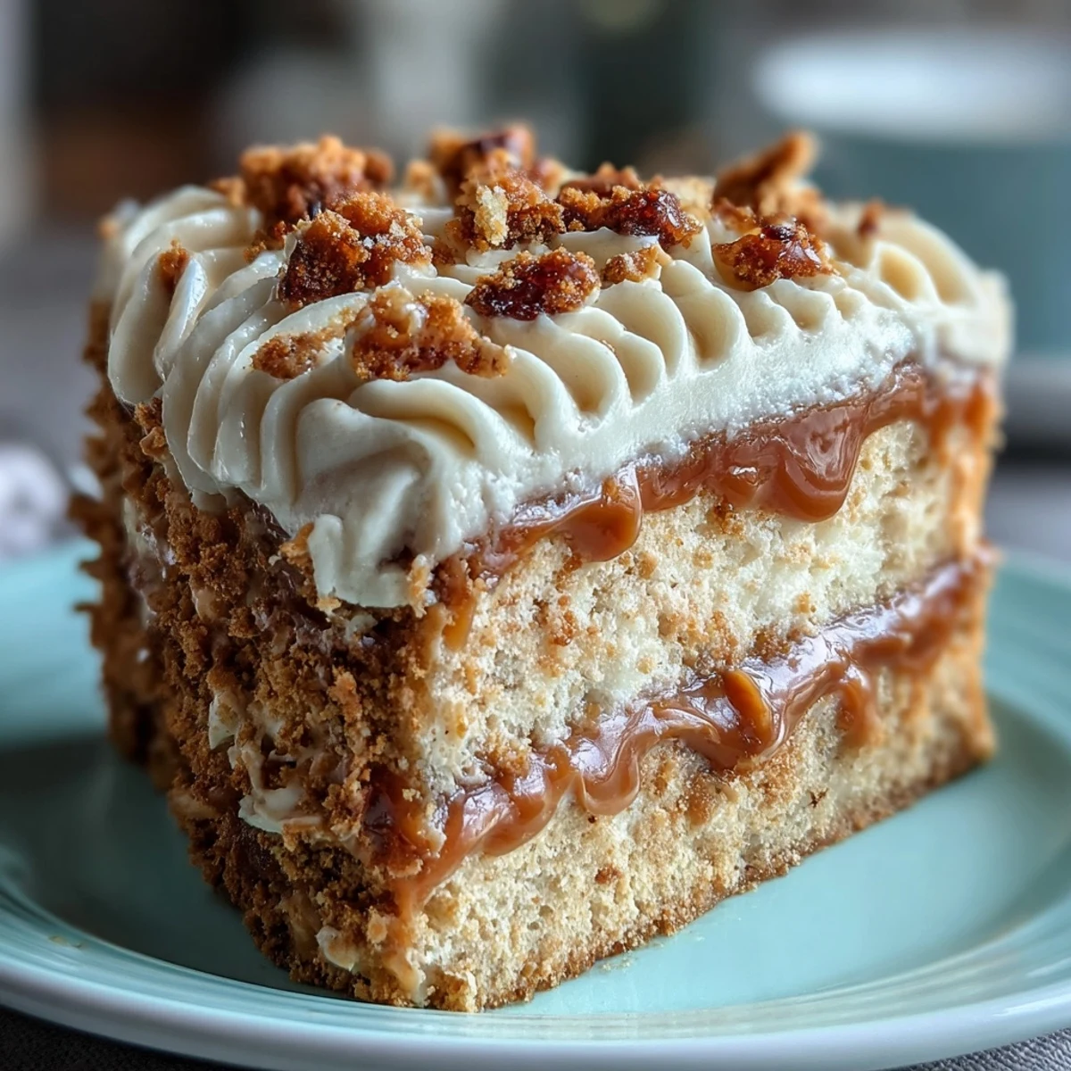 Freshly baked Decadent Baked Biscoff Cake with Creamy Lotus Frosting, drizzled with extra spread and cookie chunks, ready to serve.