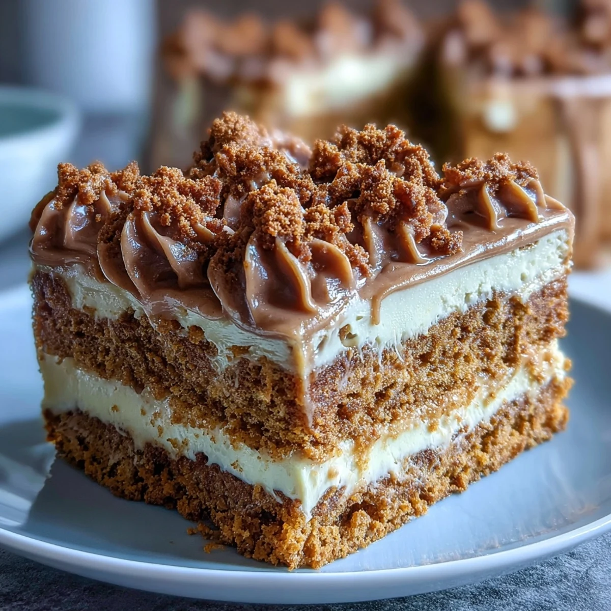 The Decadent Baked Biscoff Cake with Creamy Lotus Frosting shows a moist crumb and smooth caramel frosting texture close up.