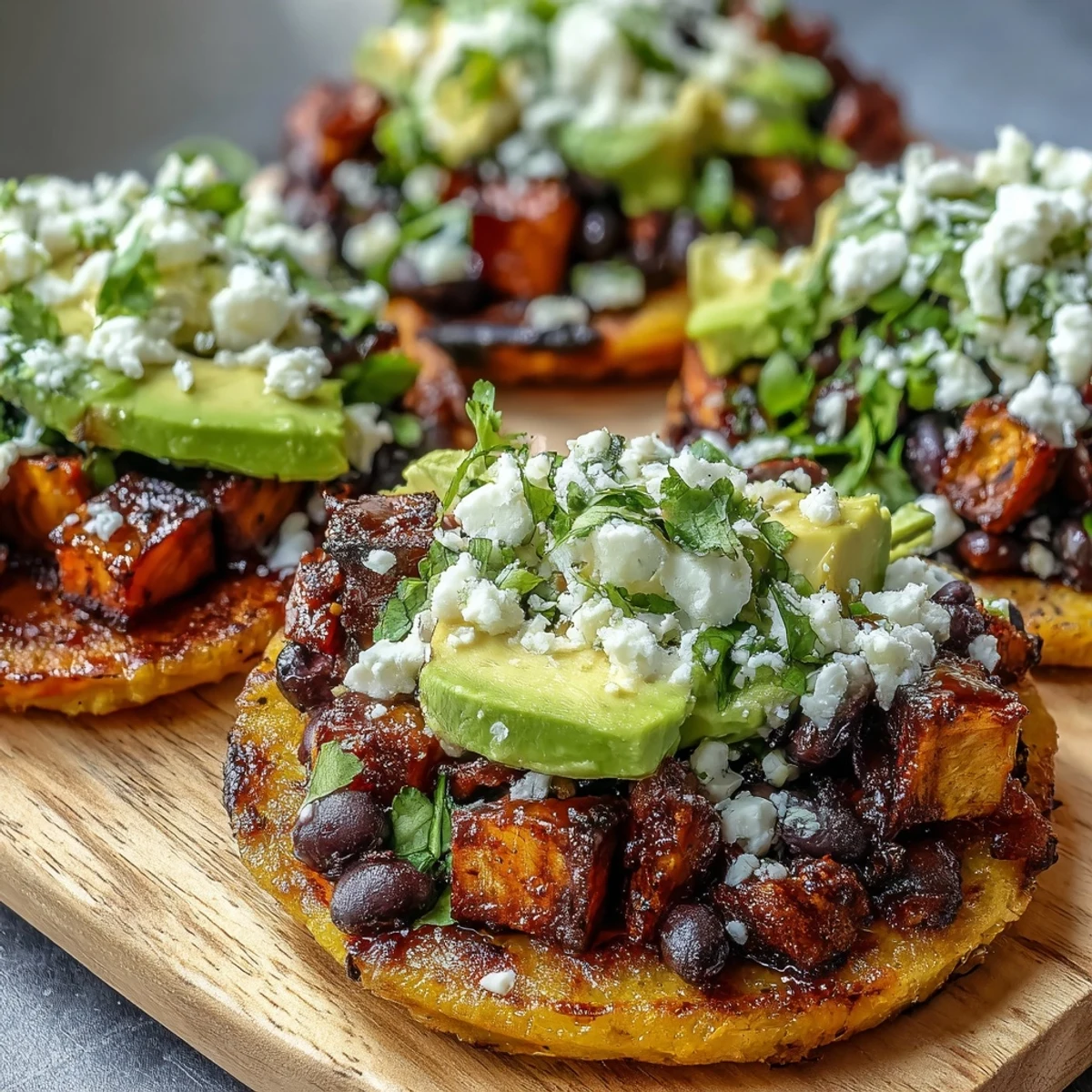 Golden-brown roasted sweet potatoes sit atop crisp corn tostada shells filled with black beans and corn.