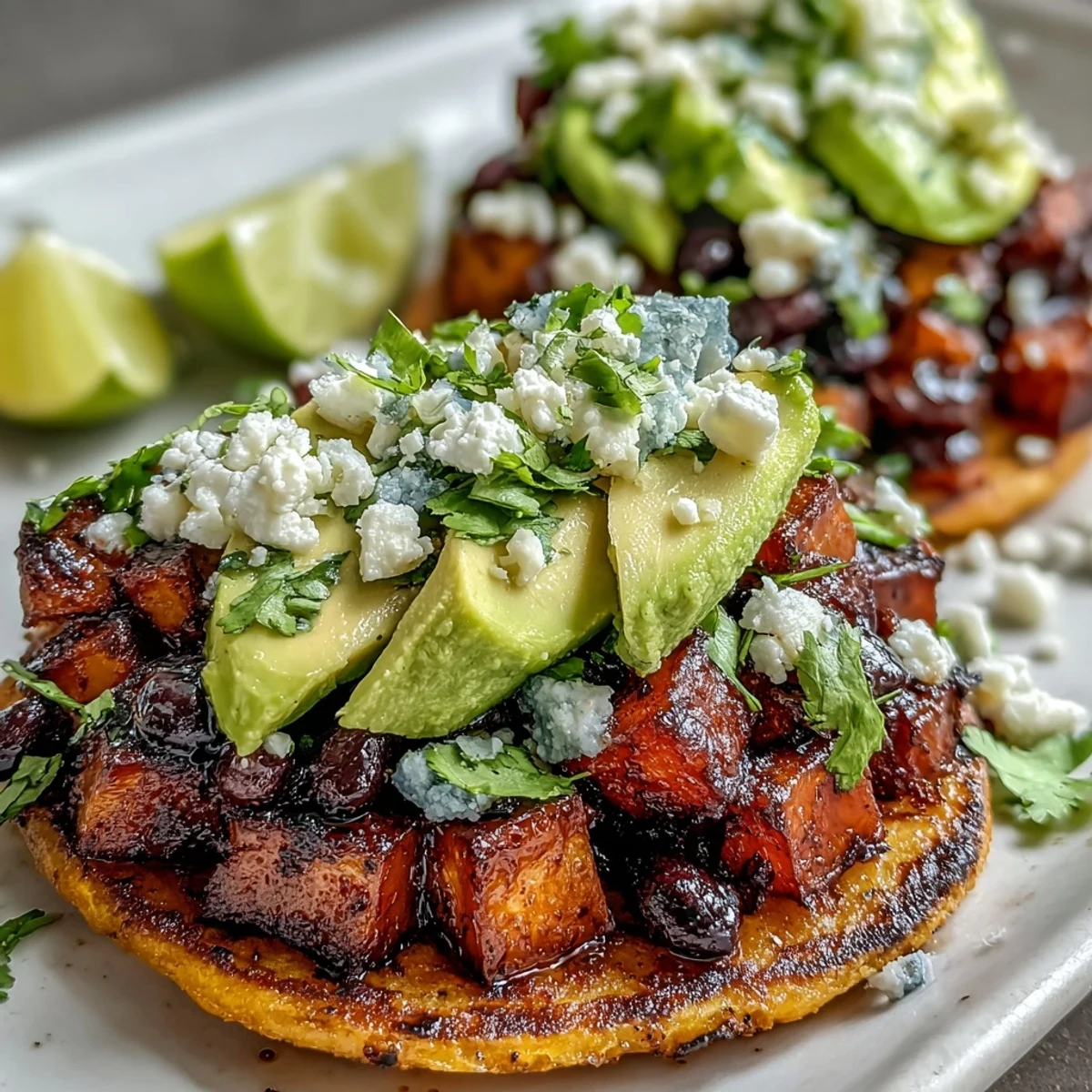 Black Bean and Sweet Potato Tostadas are garnished with creamy avocado slices and crumbled feta cheese.