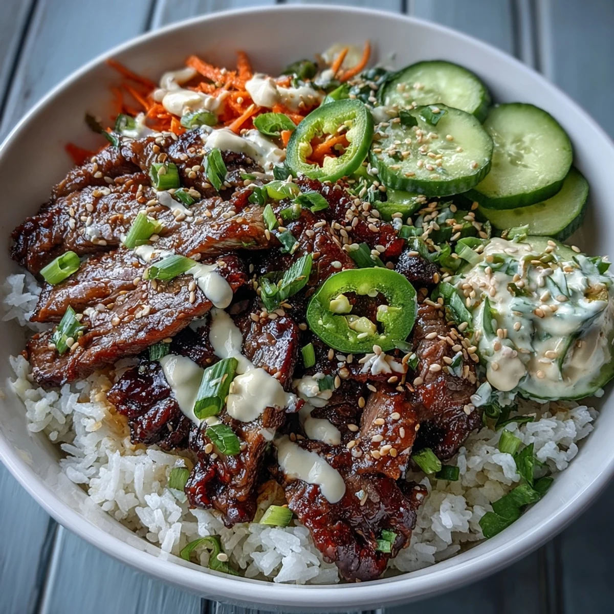 Golden-seared sesame-ginger beef rests over fluffy rice, garnished with vibrant pickled carrots, crisp cucumber, and spicy jalapeños in a colorful bowl.  