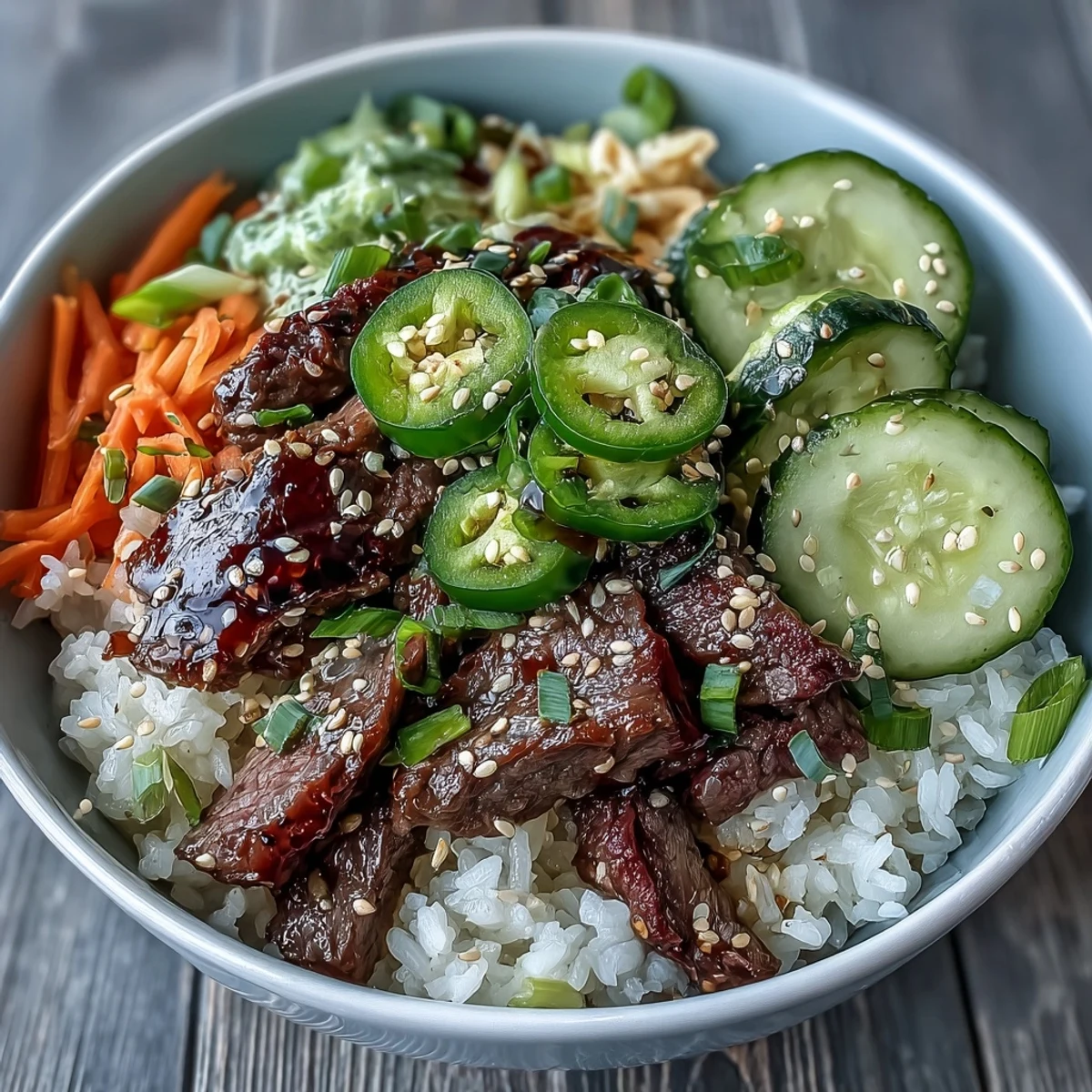 An overhead view of the Korean Beef Power Bowl reveals contrasting textures and fresh toppings for a balanced, protein-packed meal.