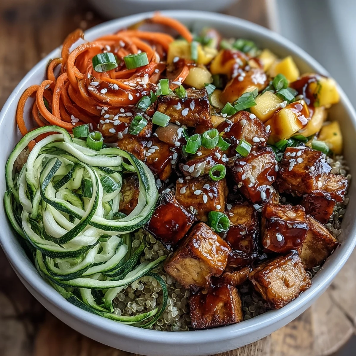 Close up of an Easy Teriyaki Quinoa Bowl showing crispy tofu cubes, crisp zucchini noodles, and mango chunks with sesame seeds.