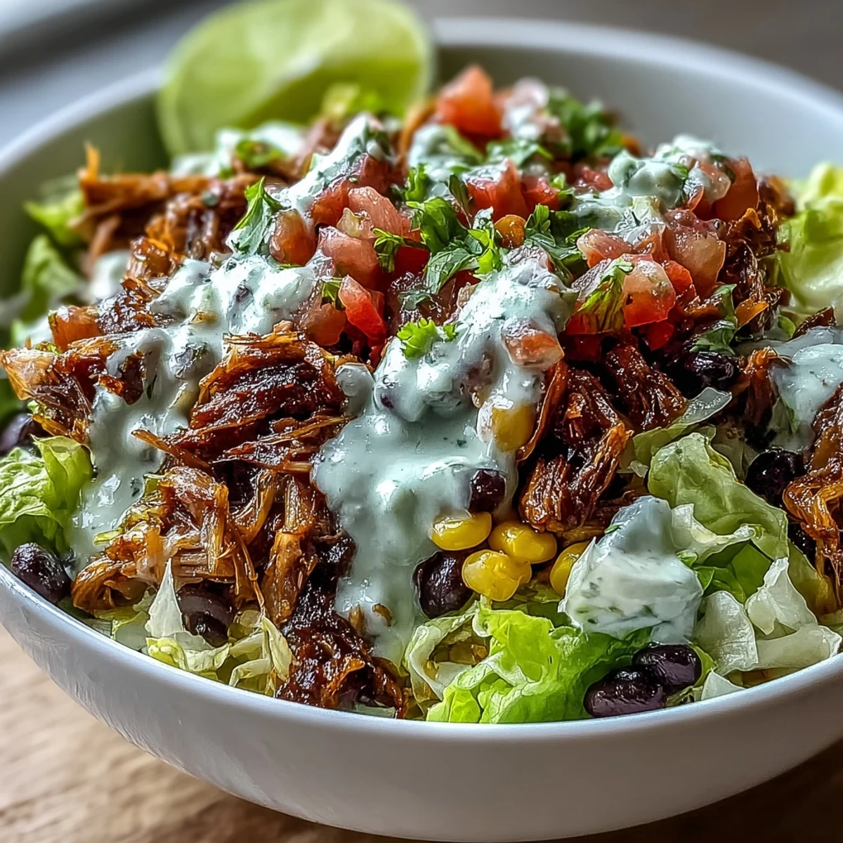 Shredded, slow-cooked carnitas over fluffy rice with black beans, corn, and fresh salsa in a colorful bowl.