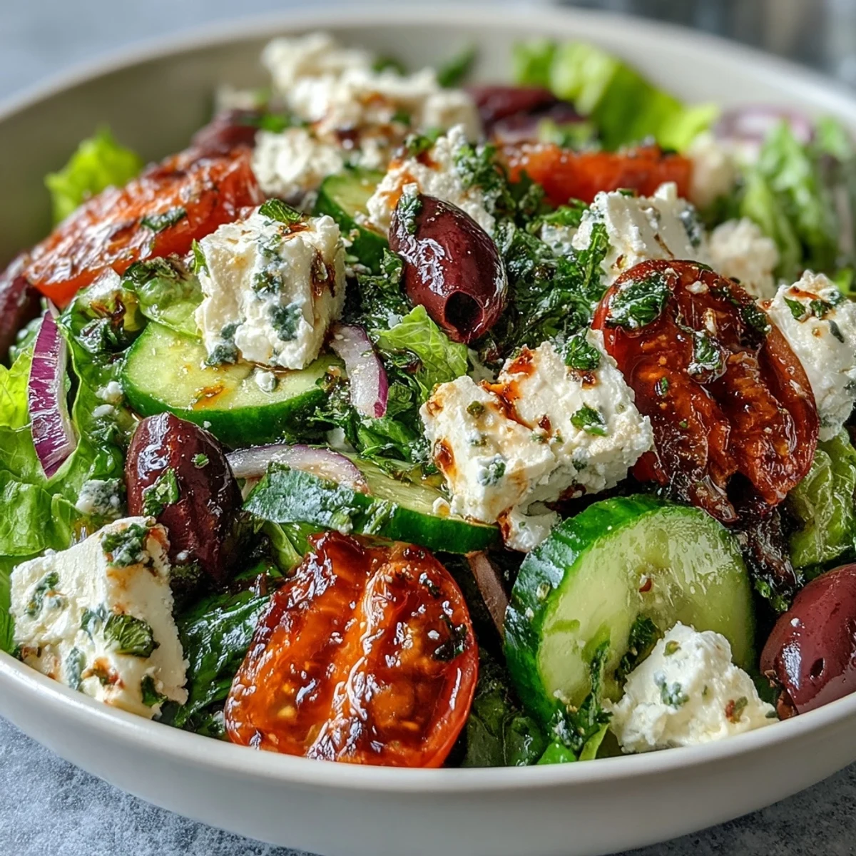 A vibrant Greek Salad Bowl with crisp romaine, creamy feta, briny Kalamata olives, and fresh vegetables tossed in a tangy vinaigrette.