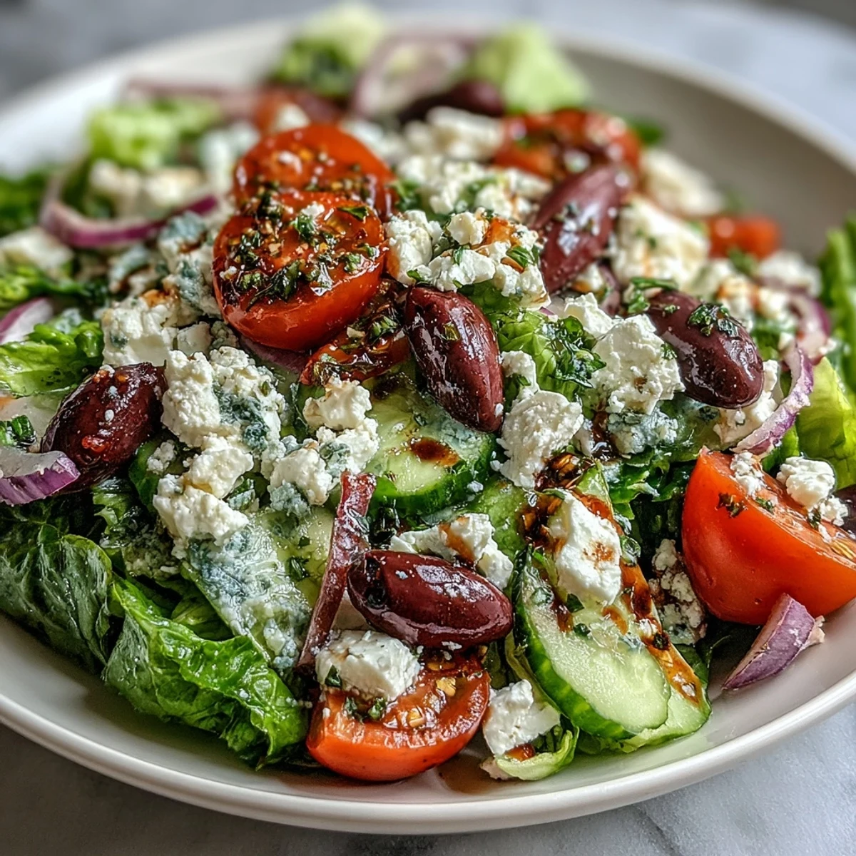 Bright bowl of Greek Salad Bowl ingredients including cherry tomatoes, red onion, and olives on a wooden table, ready to toss.