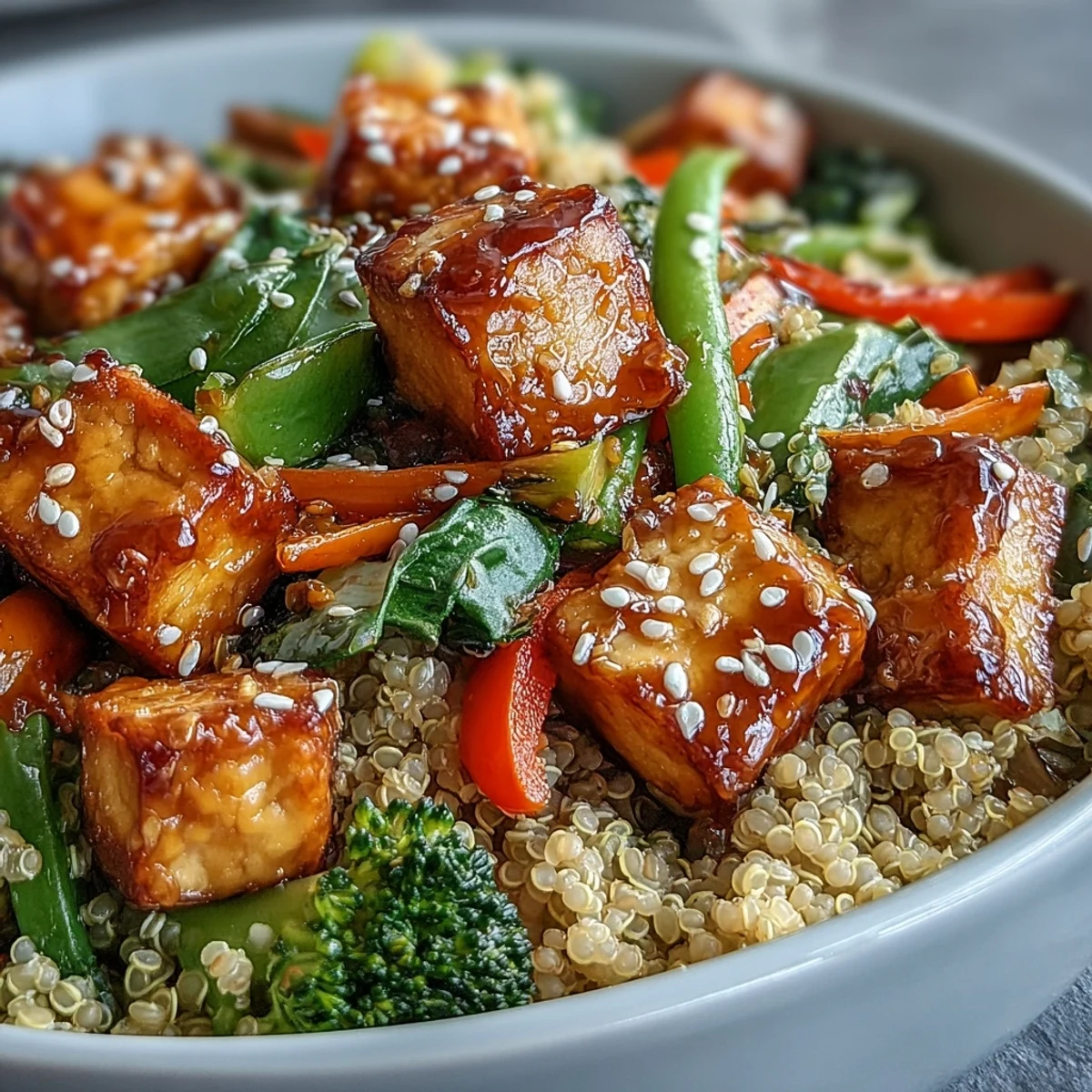 Glistening quinoa vegetable teriyaki bowl served with sesame seeds and green onions.