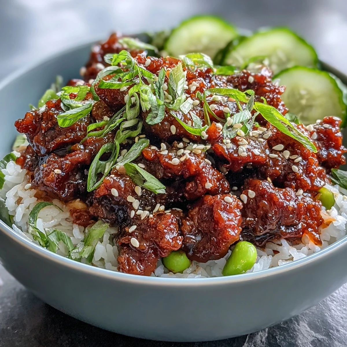 Hearty Korean Ground Beef Bowl topped with crunchy edamame, carrots, cucumber, and spicy kimchi on white rice.