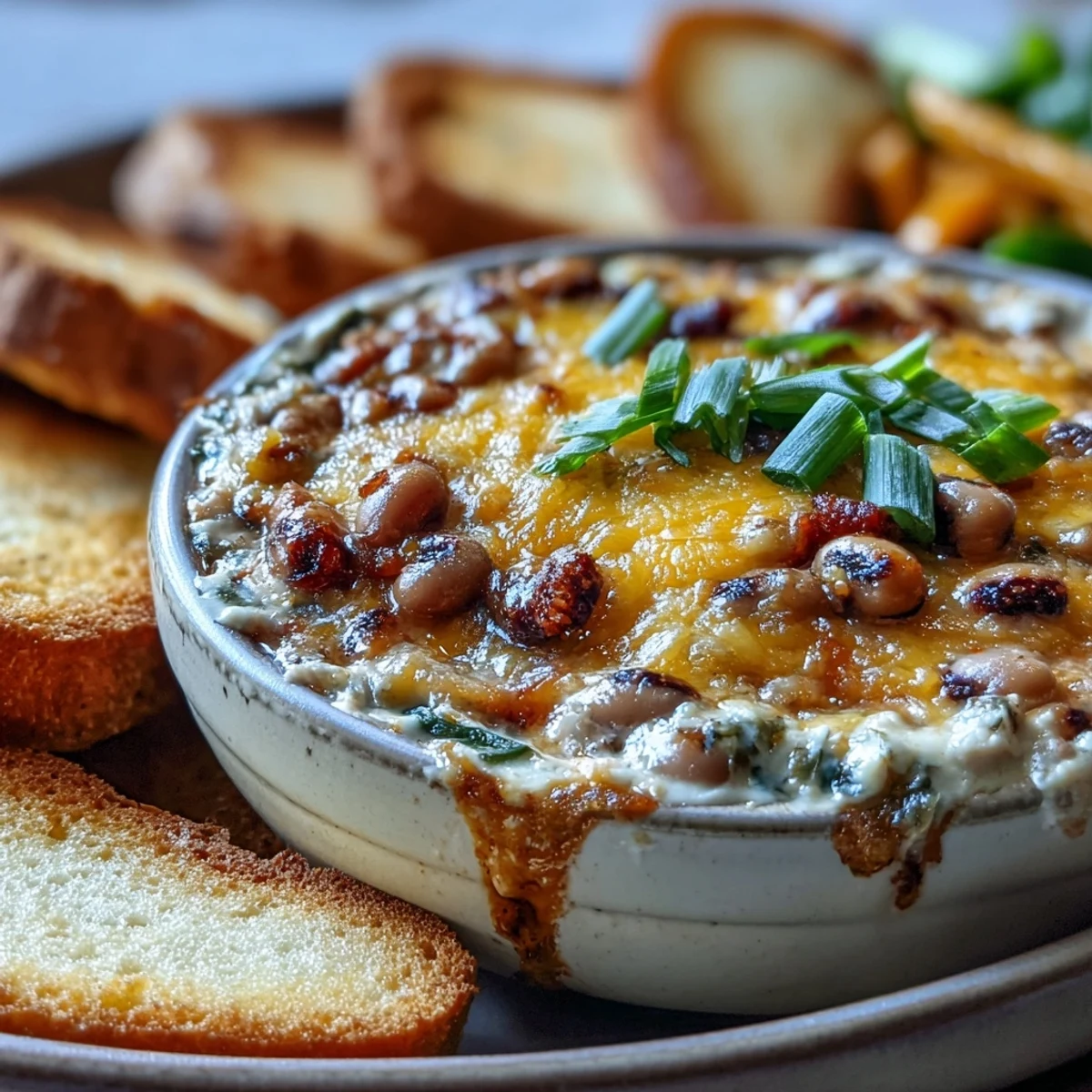Creamy Hot Black-Eyed Pea Dip topped with green onions and red bell peppers, ready to scoop up with crunchy vegetable sticks.
