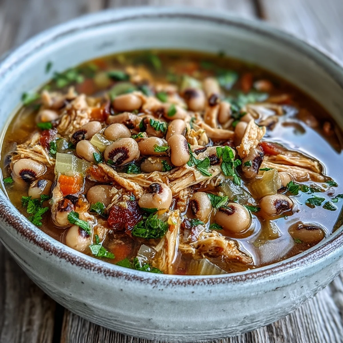 A close-up of Black-Eyed Peas With Smoked Turkey in a rustic bowl, garnished with fresh parsley and a wedge of cornbread on the side.