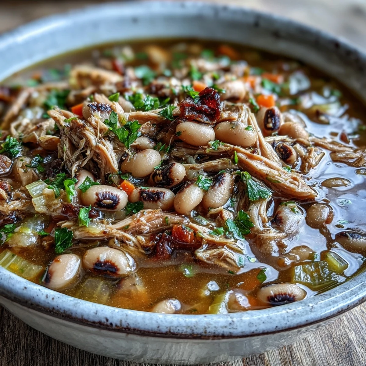 Hearty Black-Eyed Peas With Smoked Turkey simmering in a Dutch oven, featuring tender peas, shredded turkey, and aromatic smoked paprika.