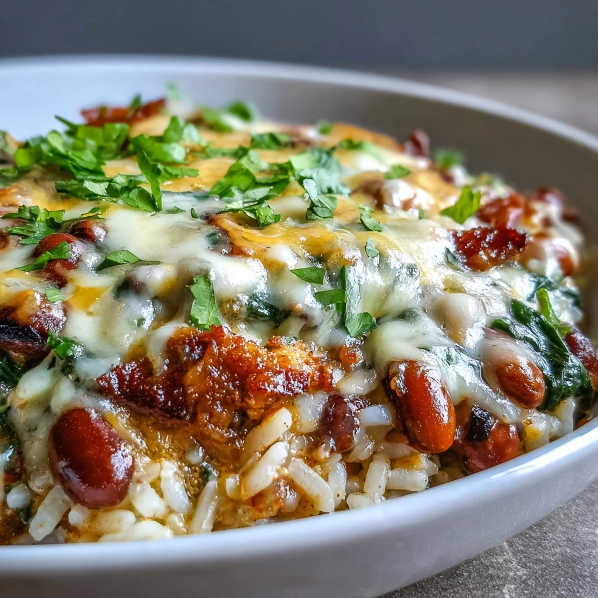 Freshly baked Tex Mex Black Eyed Pea Casserole with melted cheddar, crispy bacon, and Rotel tomatoes, served hot and bubbly from the oven.