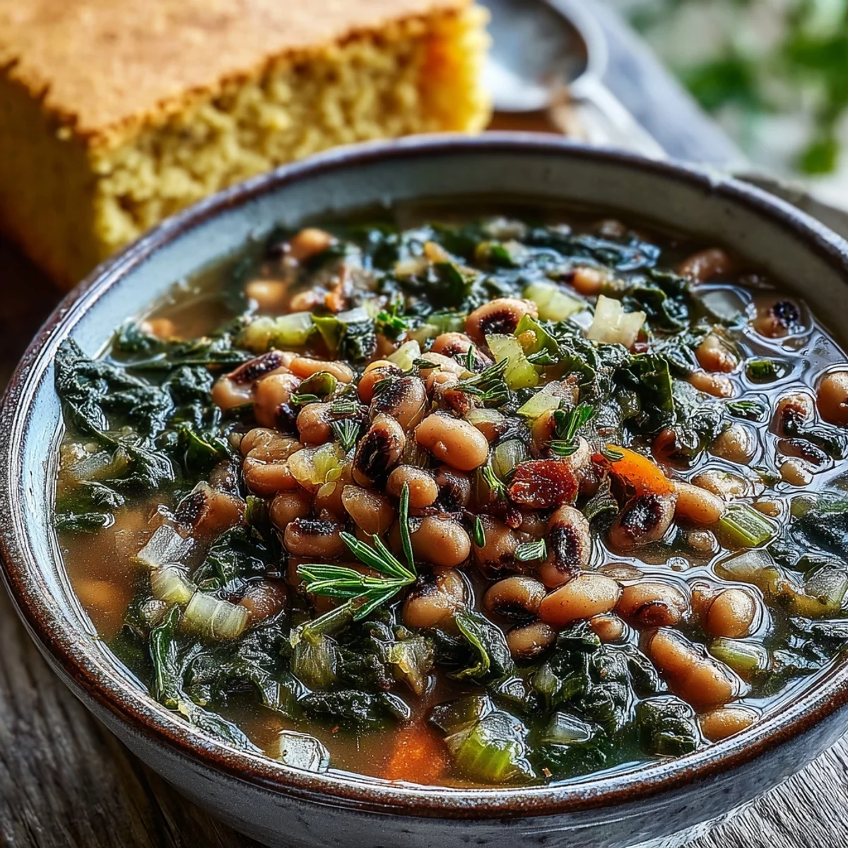 A warm bowl of Black-Eyed Peas With Collard Greens, ladled into a rustic bowl and ready to be served with a wedge of golden cornbread.