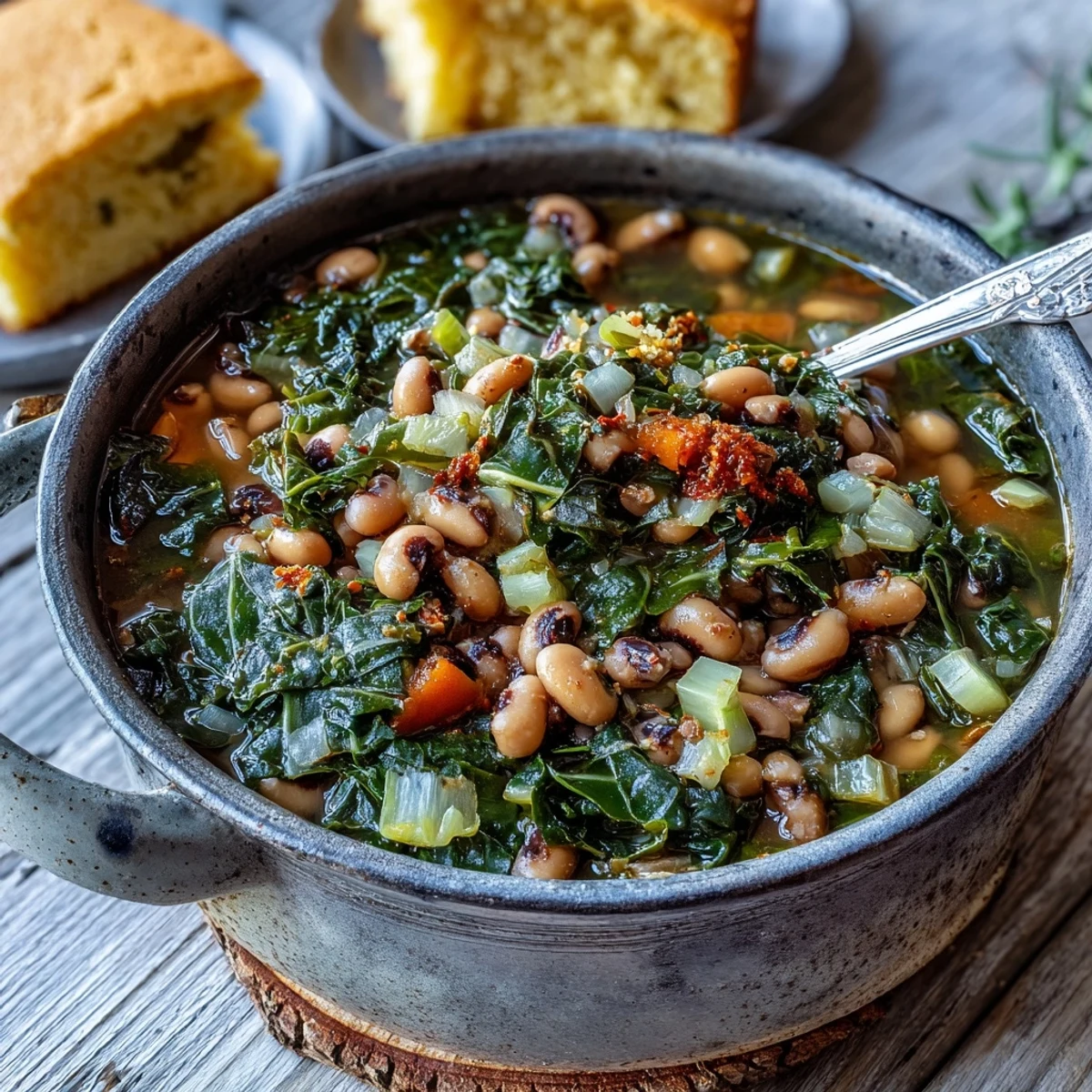 Hearty Southern Black-Eyed Peas With Collard Greens served family-style in a Dutch oven, garnished with fresh thyme and ready for a dash of hot sauce.