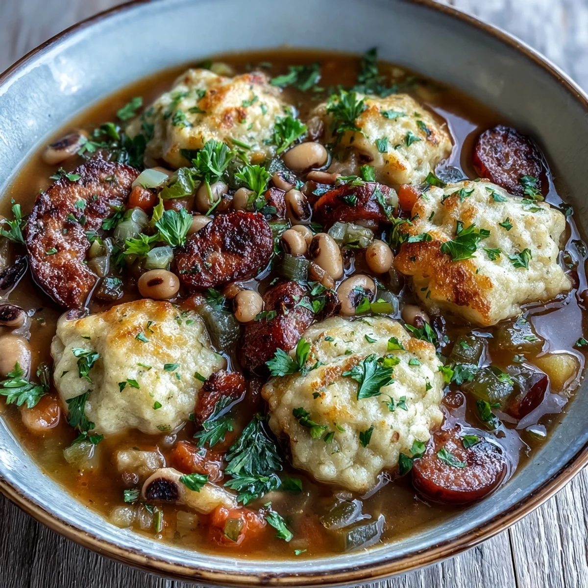 A close-up of Black-Eyed Peas and Sausage Dumplings, with fluffy cornmeal dumplings resting on a rich, chunky stew with sausage and vegetables in a rustic bowl.
