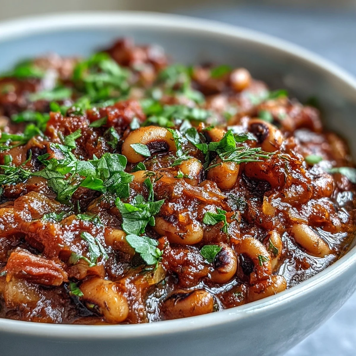 Greek-Style Slow Cooker Black-Eyed Peas simmered in a rich tomato and olive oil broth, garnished with fresh parsley and lemon wedges.