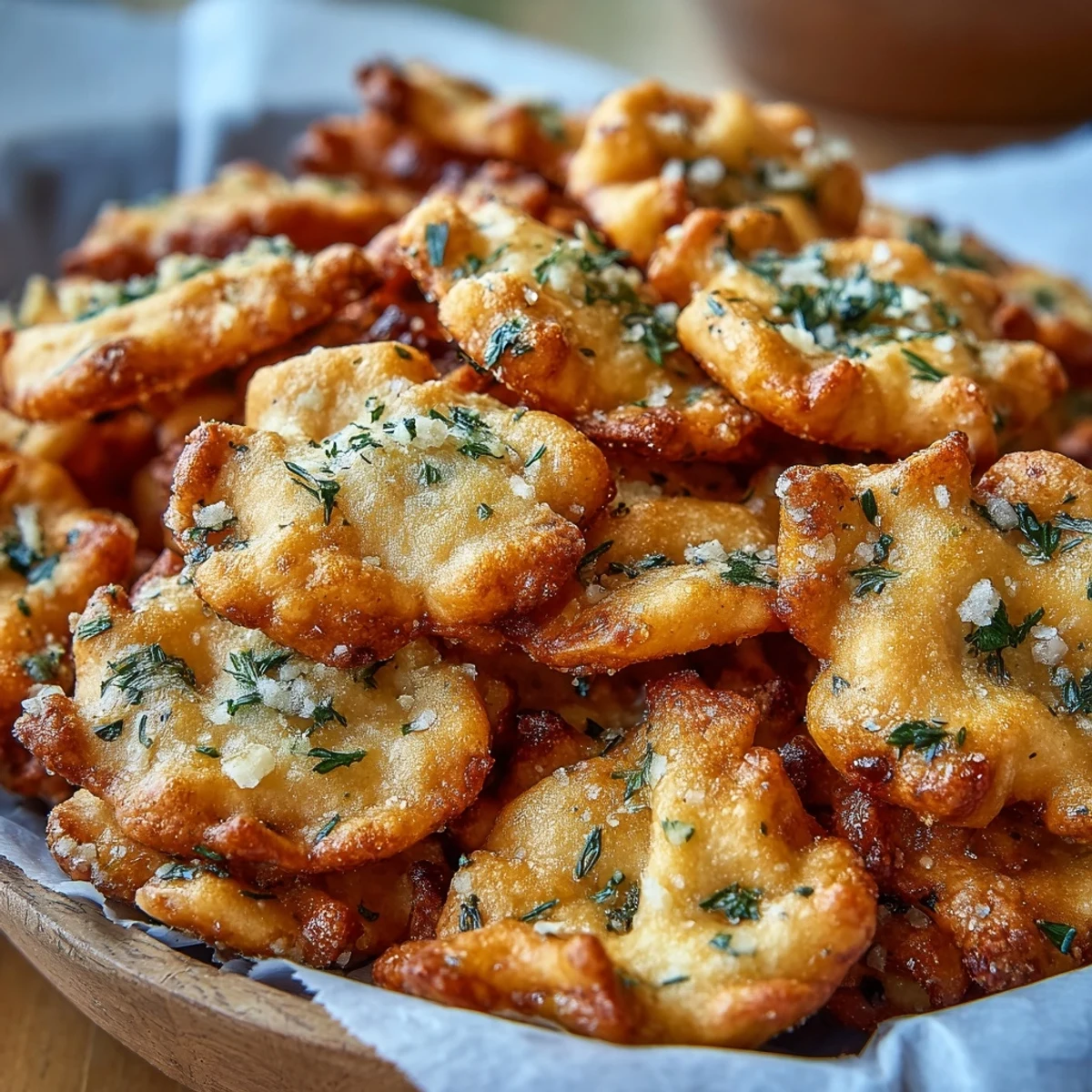 Ranch Oyster Crackers cooling on a tray, extra crispy from the oven with visible herbs. Perfect vegetarian party snack or salad topper for busy U.S. home cooks.