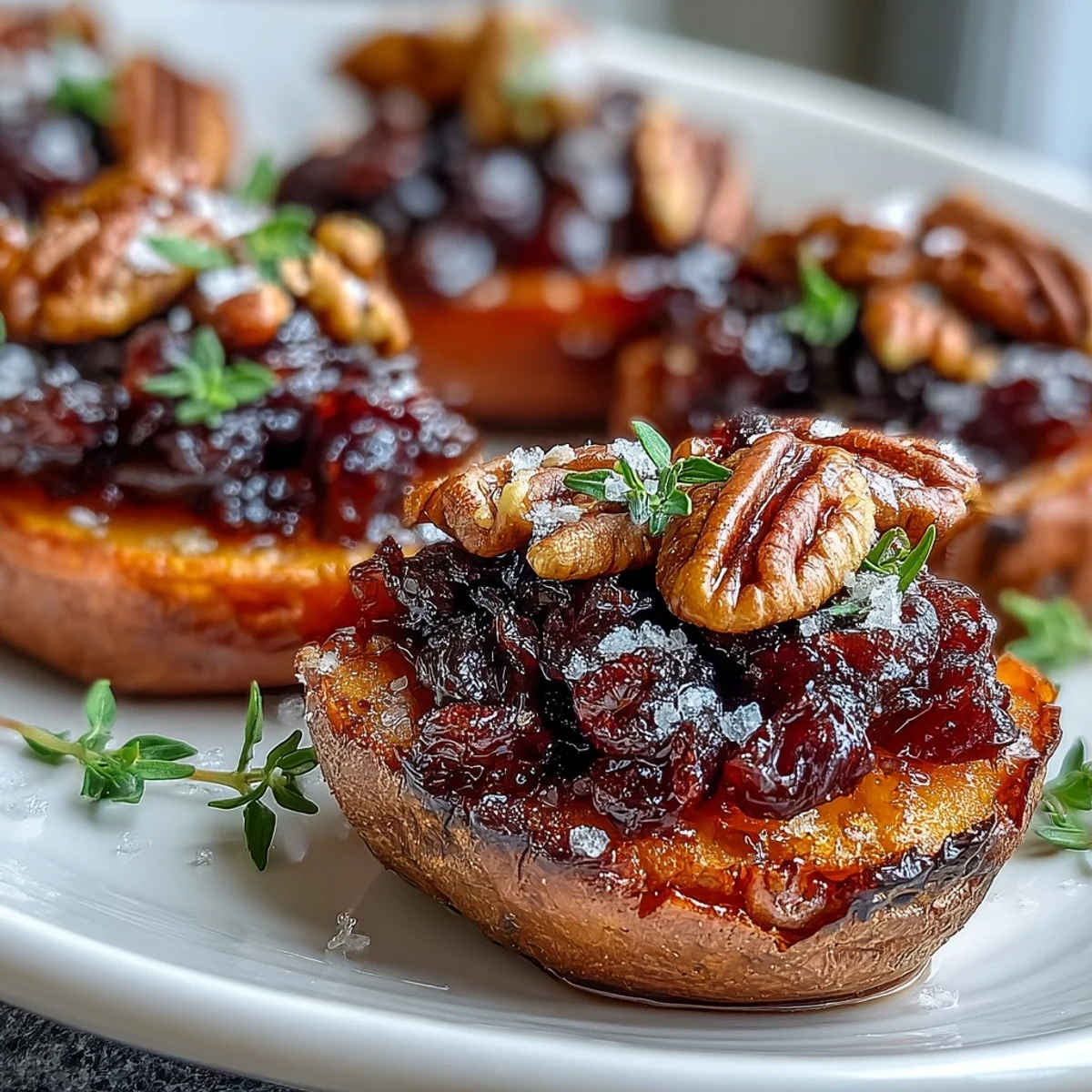 Warm Cranberry Apple Twice Baked Sweet Potatoes topped with maple syrup and fresh thyme on a rustic plate.