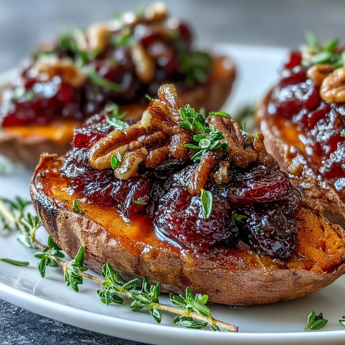 Freshly baked Cranberry Apple Twice Baked Sweet Potatoes garnished with sliced almonds and a sprinkle of flaky sea salt.