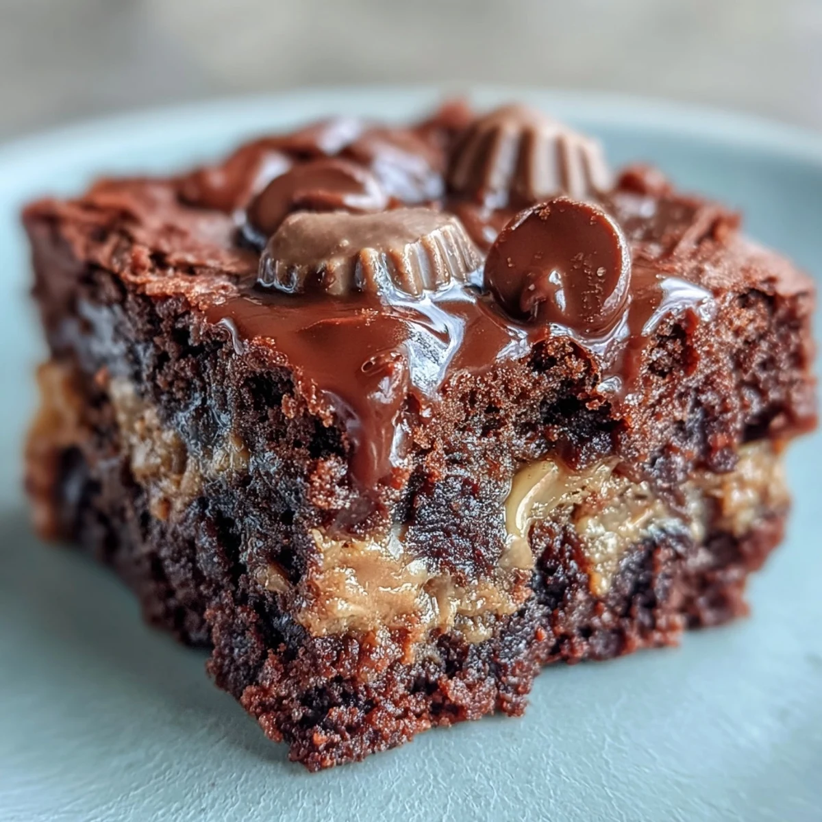 A slice of Rich Peanut Butter Cup Dump Cake reveals a moist chocolate cake and gooey peanut butter cup pieces, served warm with vanilla ice cream melting on top.