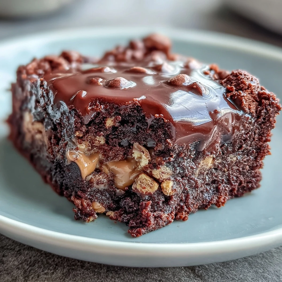Freshly baked Rich Peanut Butter Cup Dump Cake from a 9x13-inch dish showcases melted chocolate chips and mini peanut butter cups on a fudgy, decadent dessert.