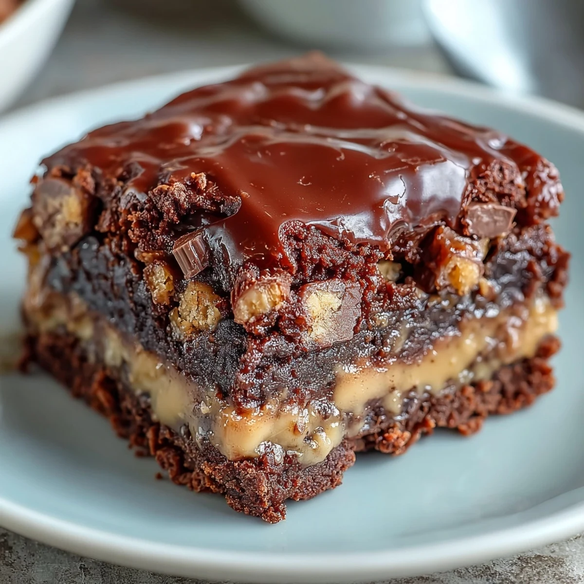 Overhead view of Rich Peanut Butter Cup Dump Cake on a rustic table, highlighting the creamy peanut butter layer and rich chocolate cake texture, ready to be served.